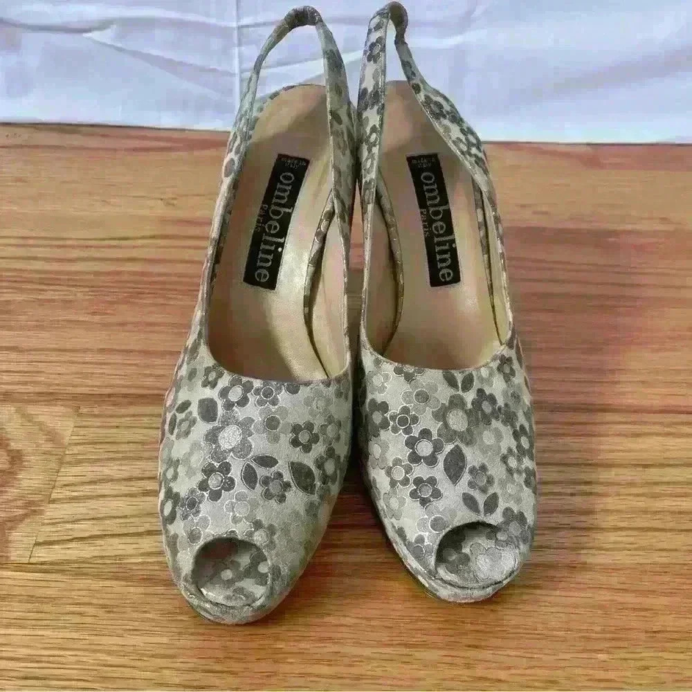 Ombeline Paris Peep Hole Pumps w/ Stiletto Heel Beige w/ Flowers Size 39.5/US 9